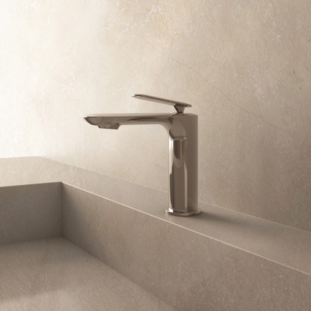 Lifestyle image of the Crosswater Huck Chrome Basin Mixer Tap installed on a wide basin